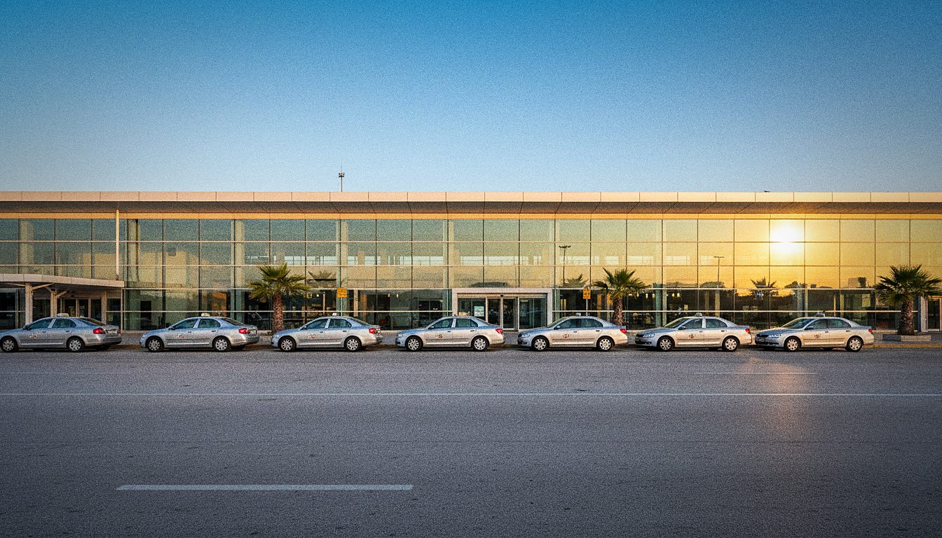 Taxistand mit silbergrauen Taxis vor dem Terminal des Flughafens Zakynthos