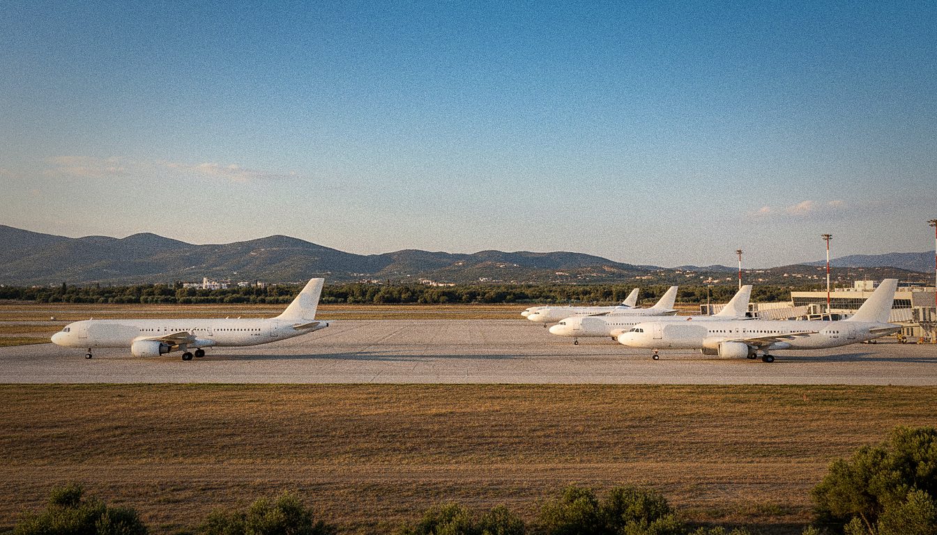 Vorfeld des Flughafens Zakynthos mit parkenden Ferienfliegern